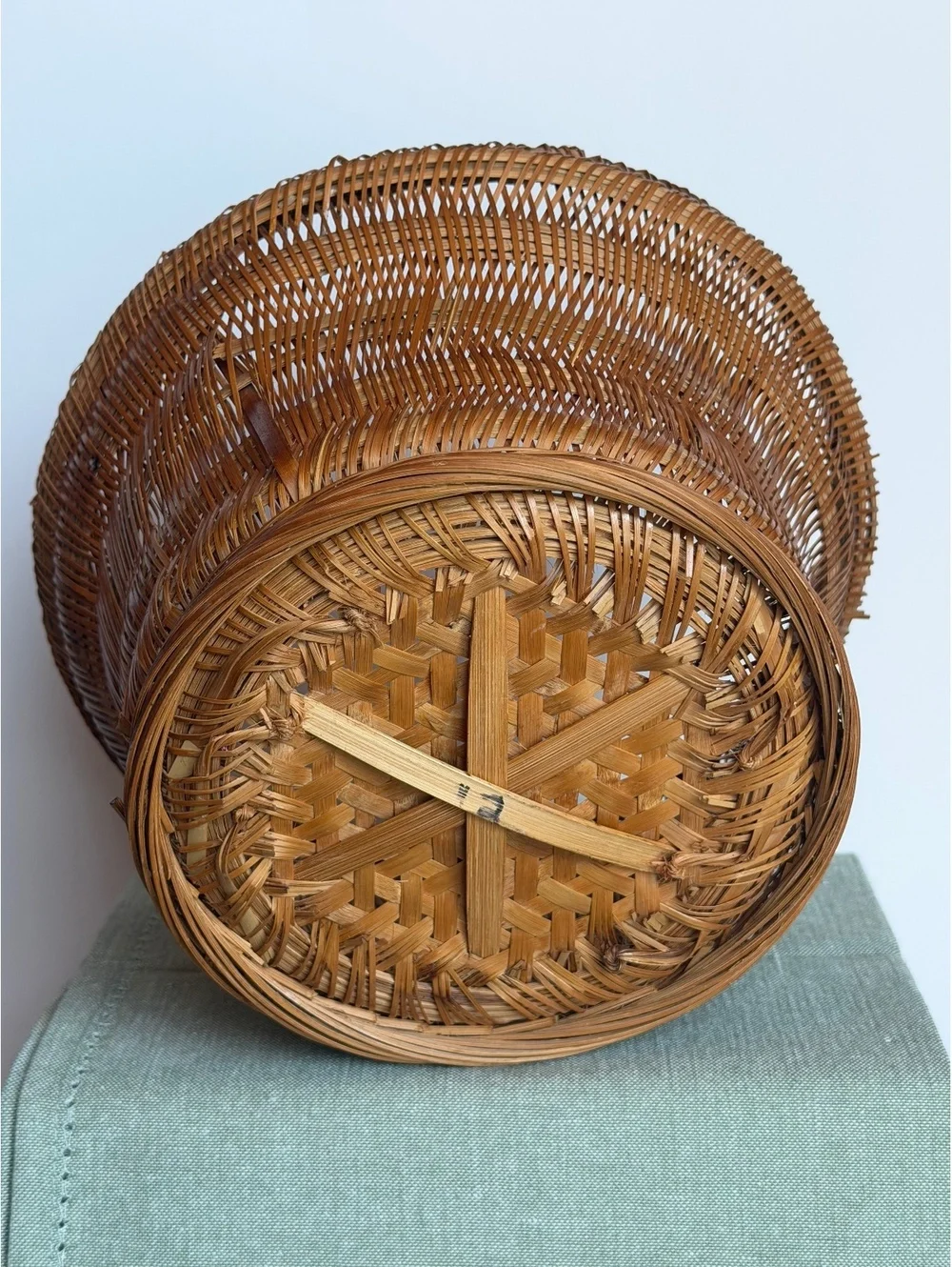 Vintage Chinese Handwoven Bamboo Rattan Basket Kagome Weave Mid Century Decor